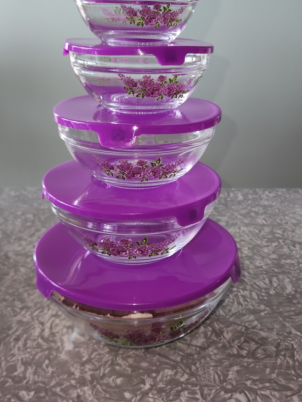 Source Unknown Clear Glass Nesting Bowls with Purple Floral Lids